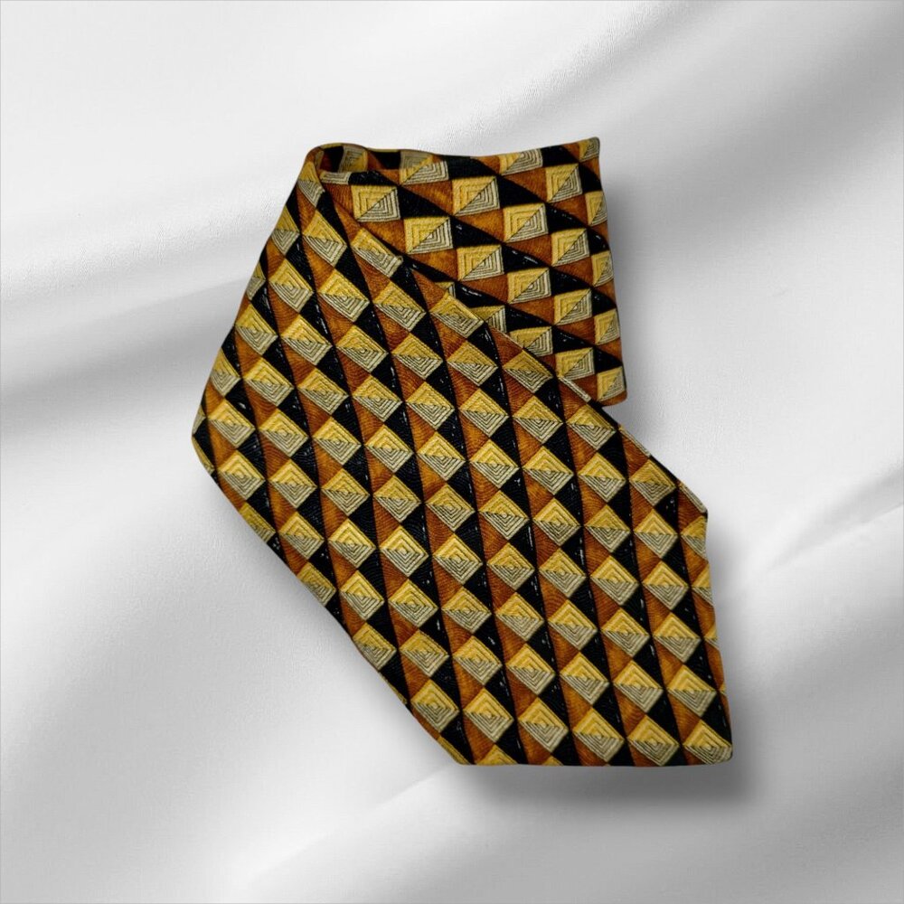Tom James Mens Vintage Black and Gold Silk Geometric Pattern Tie